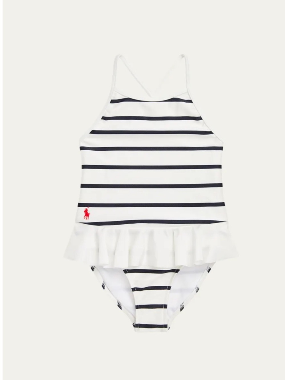 Ralph Lauren White and Navy Striped Ruffle One-Piece Swimsuit